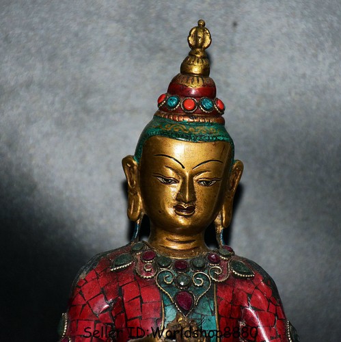 13.2"Old Tibet Bronze Gilt Turquoise coral Vajrasattva Vajrasattra Buddha Statue - Picture 2 of 8