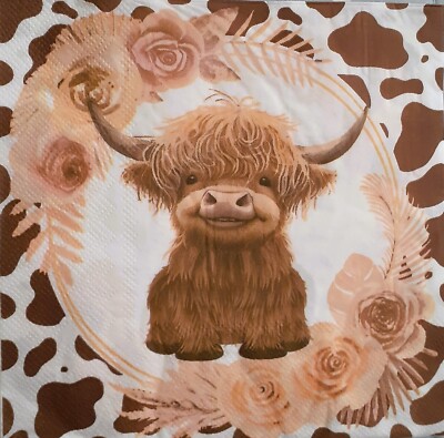 2 individual Paper Decoupage NAPKINS -HIGHLAND COW ROSES BROWN SPOTS