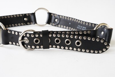 Rare black leather belt with rivets and rings - for punk, rock