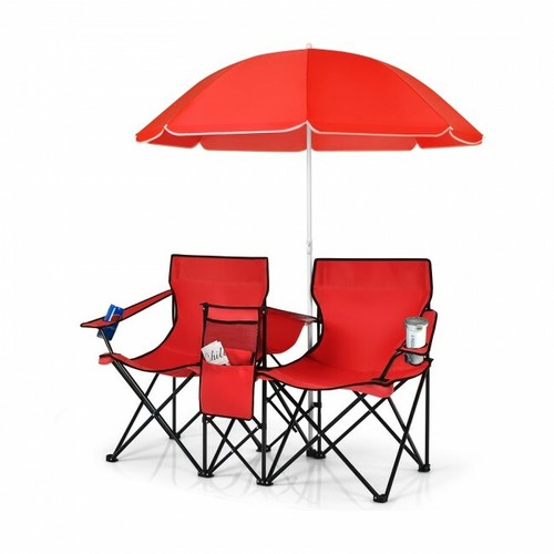 Portable Folding Picnic Double Chair W/Umbrella Table Cooler Beach Camping Red - Picture 4 of 12