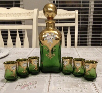 ERGMANN Bohemian Emerald Green Gilt Enameled Art Glass Cordial Set Bottle Goblet