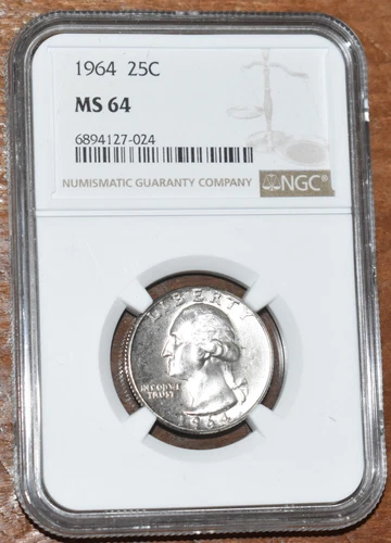 US 1964 Washington Quarter NGC Graded MS 64 - Vintage Toned Unc Silver Coin