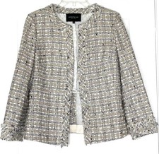 LAFAYETTE 148 New York Tweed Boucle Fringe Cotton Blend Open Front Blazer 8 US M