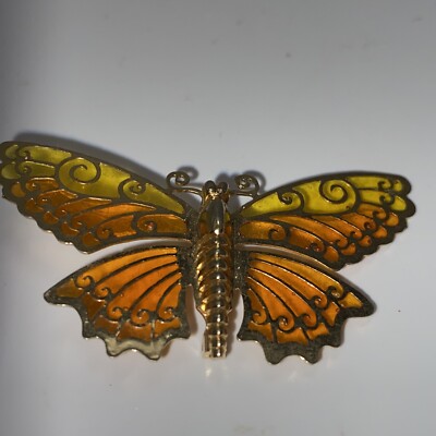 Avon Luminous Wings Stained Glass Effect Orange Yellow Butterfly Brooch Pin B9D