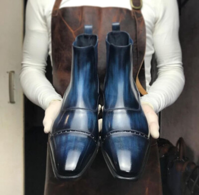 Crafted Leather Handmade Blue Leather Fashion Men Chelsea Dress Boot For Men's