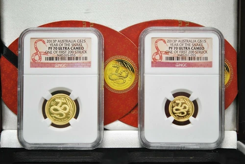 2013 Perth Mint Australia Lunar Year Snake 1/10OZ 1/4OZ PF70UC Gold SET NGC BOX