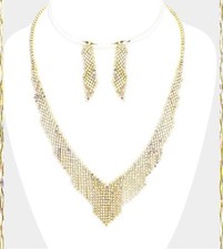Crystal Rhinestone Evening Wedding Necklace Bridal Gold Clear Statement Fringe