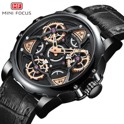 MINI FOCUS Men Watch Rotating Wheel Dial Quartz Watch Casual Leather Males Watch