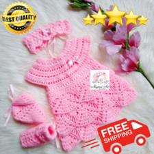 Newborn Pink Color 0-6 Months Color Hand Crocheted Baby Frock Set Winter Season.
