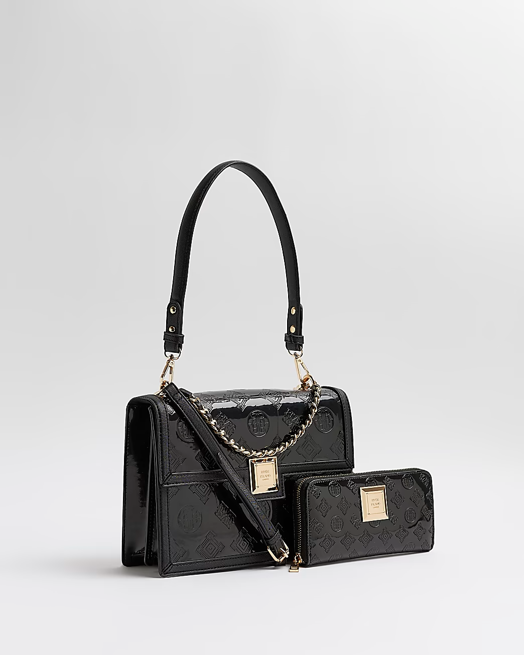 River Island BLACK EMBOSSED DOGTOOTH CROSS BODY shoulder BAG & purse