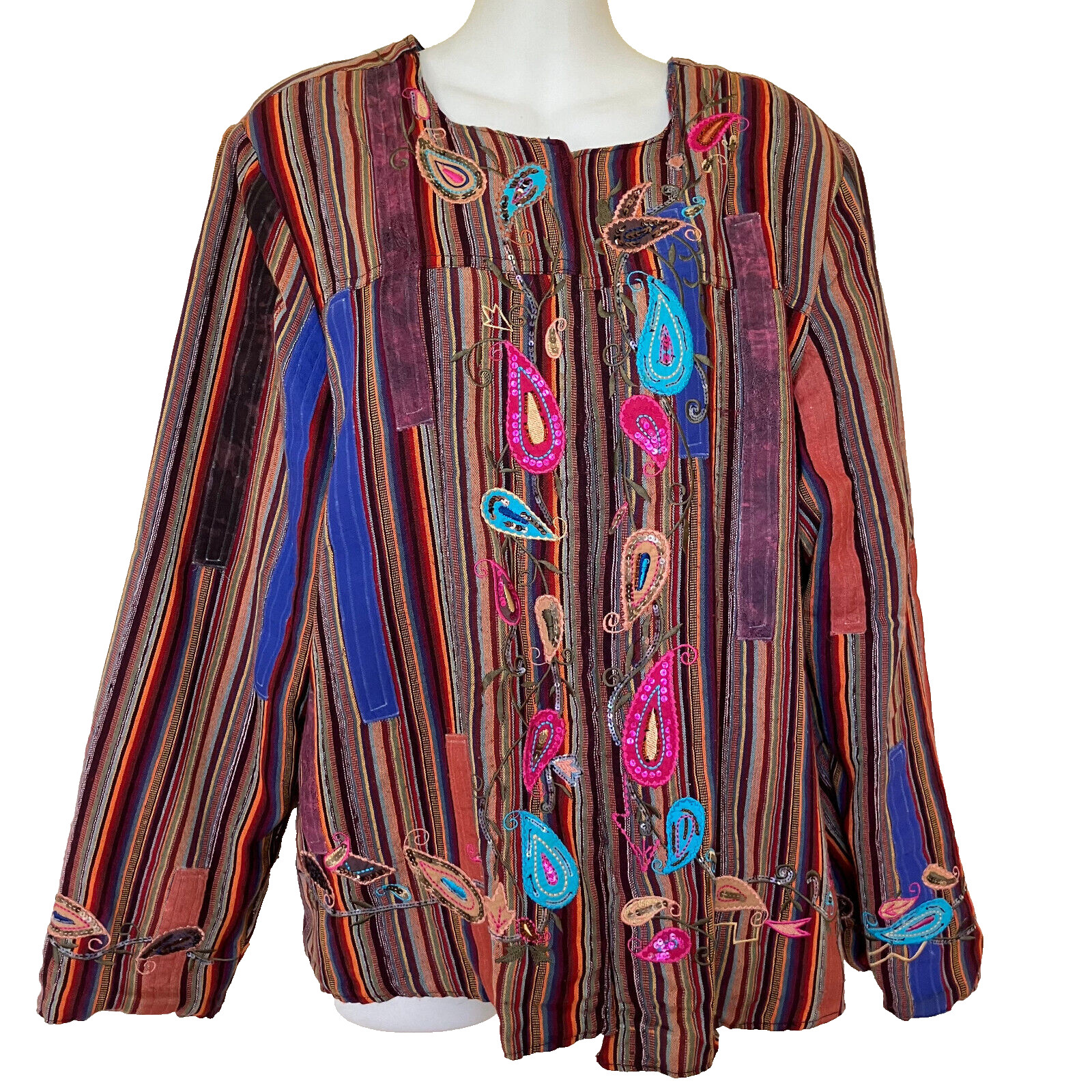 Embellished Patchwork Jacket Multi Color Stripe E… - image 1