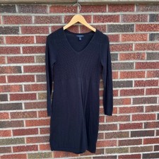Lands’ End Black Cable Knit V Neck Long Sleeve Sweater Dress