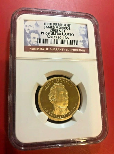 FIFTH PRESIDENT JAMES MONROE 2008 S DOLLAR NGC PF 69 ULTRA CAMEO