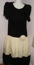 VTG 80s Evenings By Pantagis BLACK VELVET & Cream MOIRE Tea Length DRESS Size 16
