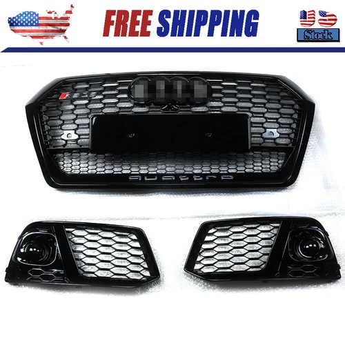 For Audi Q5 SQ5 2018 2019 RSQ5 Front Honeycomb Mesh Grill + Fog Lamp Grilles