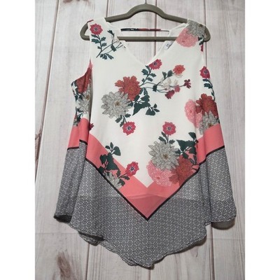 DR2 Anthropologie Womens Floral Chiffon V-Neck Sleeveless Blouse White Coral Lg