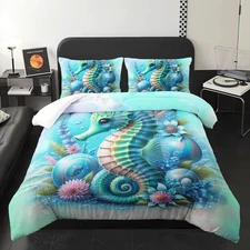 Green Seahorse Theme Comforter 3Pcs Twin Tie-dye Blue Ocean Animal Floral Bed...