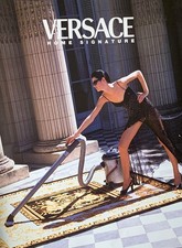 1996 VERSACE Home Signature Sensual Woman Vacuuming A Rug Vintage PRINT AD