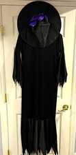 Halloween Witch Costume Black Dress/Robe w/ Purple Ribbon Hat  Wig One Size