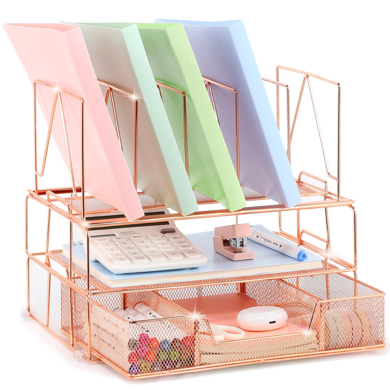 Rose Gold 3-Tier Desk Organizer with Sliding Drawer for Office Supplies  