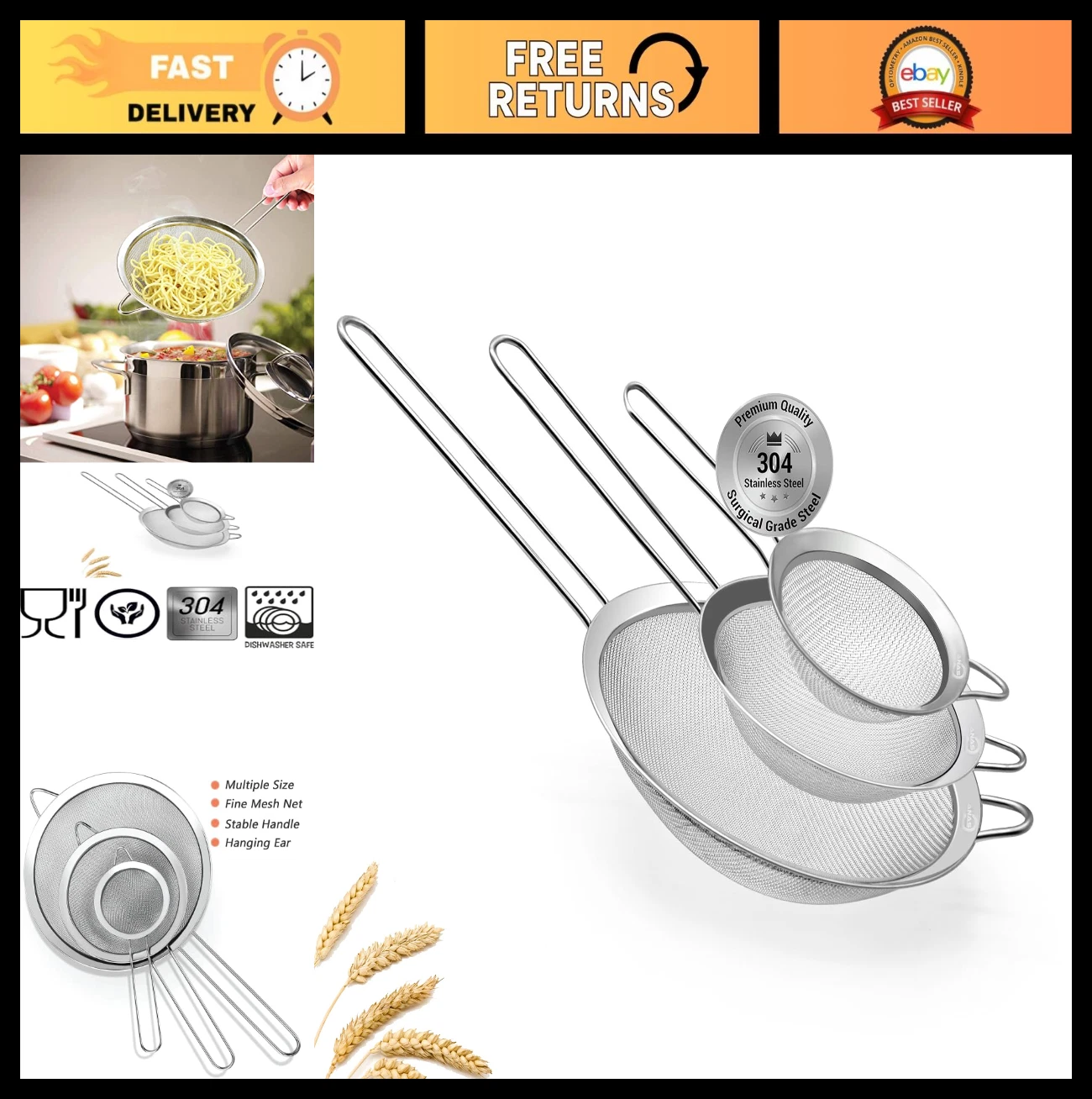 Set of 3 Fine Mesh Strainers with Handles - 304 Stainless Steel, Easy Clean, Non