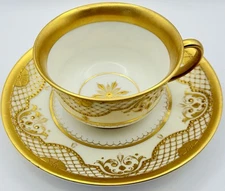 Antique Hand Painted Dresden Germany Cup & Saucer; Encrusted Gold Beading Teacup