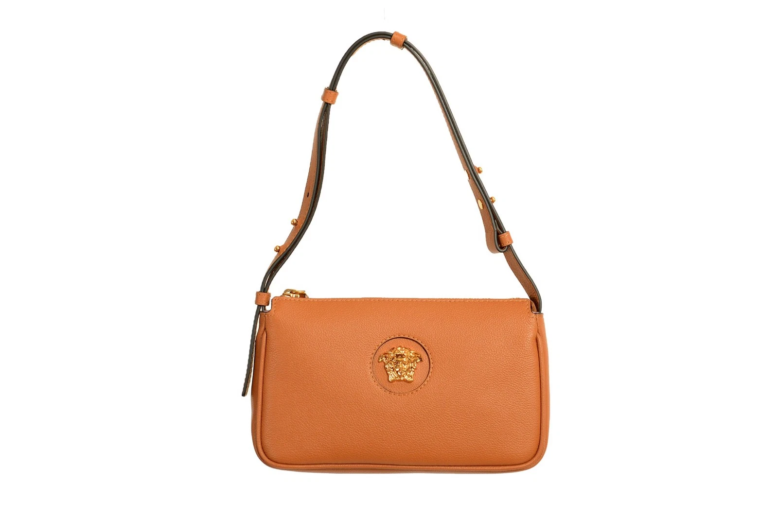 Versace — Versace Brown Grained Leather Gold Medusa Small Handbag Shoulder Bag