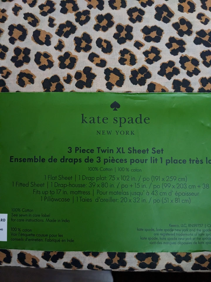 Juego de sábanas Kate Spade New York 3 piezas Twin XL leopardo guepardo jaguar algodón nuevo Foto 4 de 4