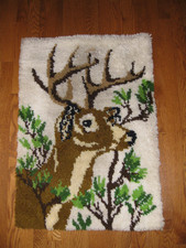 DEER, VINTAGE HANDMADE LATCH HOOK RUG, 24" X 34", WALL HANGING