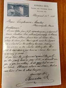 Historical Business Letter Romadka Bros, Trunks, Bags, Milwaukee,WI 1894
