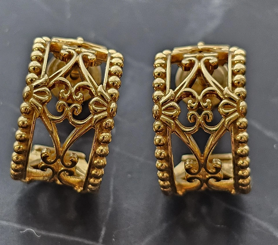 Konstantino 18k 750 Gold Hoop Earrings Filigree Open Work Design Huggies 1/2" 8g - Image 2 of 4