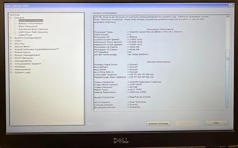 Dell Latitude 5490 14” FHD Laptop i5-8350U 8GB RAM 240GB SSD Windows 11 Pro - Image 3 of 4
