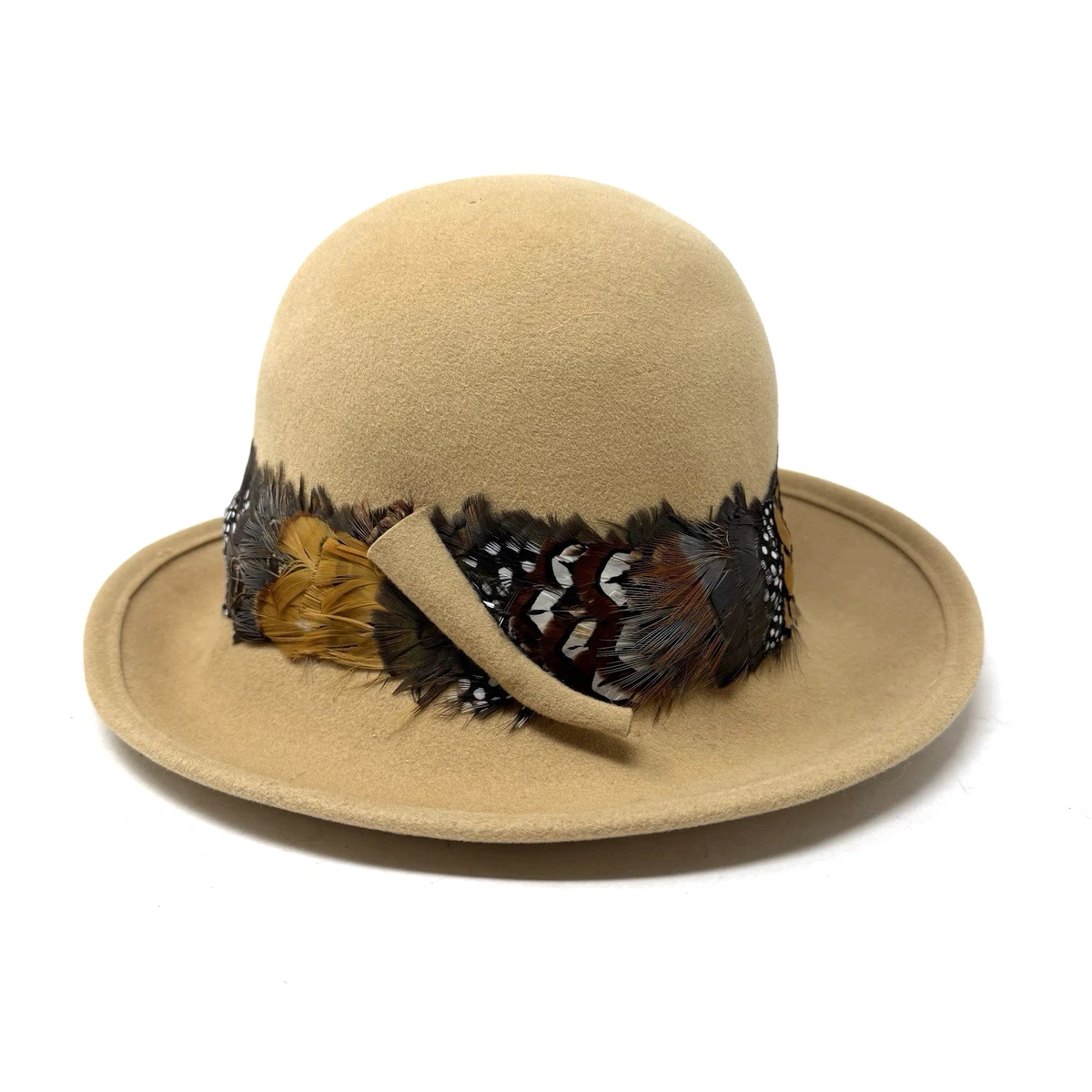 Vintage Bowler Hat Feathered Wool Felt Avant Garde Regencycore Made in the USA Tan Wool Bowler Hat with Feathers (c.1960s) – Rush Creek Vintage main image 4