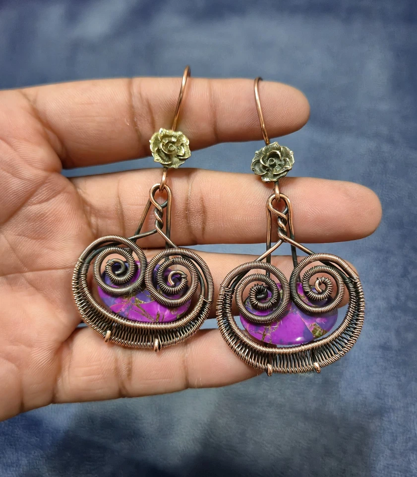 Hermoso Pendiente Rosa Cobre Turquesa Hecho a Mano Envuelto en Alambre Joyería Para Regalo Foto 3 de 4