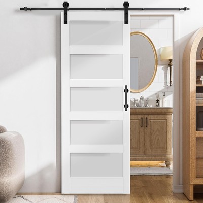 32'' x 84'' Sliding Barn Door with Tempered Glass, 5.5FT Track Kit DIY Assembly