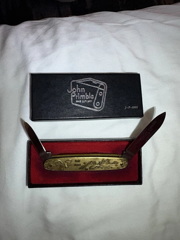 Navaja de Bolsillo John Primble Oro Repujado con Hojas Dobles Hecha en EE. UU. De Colección Foto 3 de 4