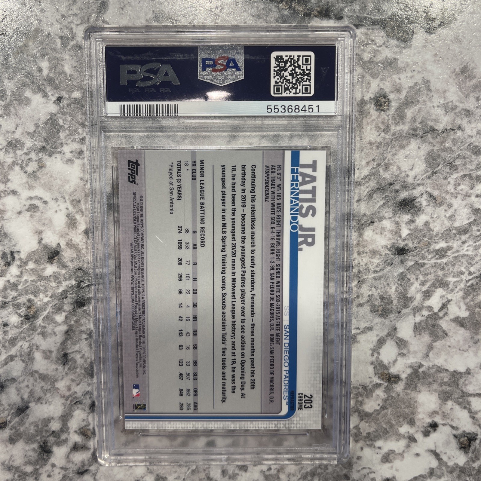 Topps 2019 Topps Chrome Fernando Tatis Jr. RC #203 Pink Refractor PSA 9 view 2