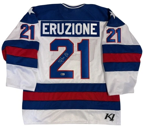 MIKE ERUZIONE SIGNED & INSCRIBED 1980 OLYMPICS USA MIRACLE ON ICE JERSEY COA