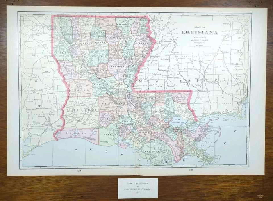 Mapa LOUISIANA 1901 22"x14" Antiguo Antiguo Original BATON ROUGE NUEVA ORLEANS Foto 2 de 4