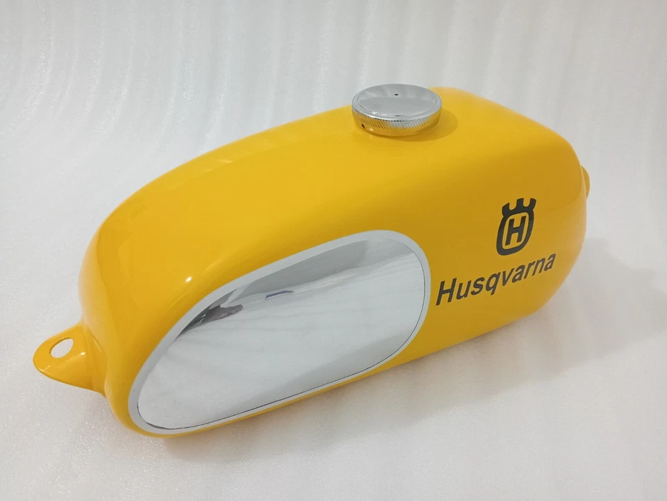 Tanque de combustible Husqvarna 1974 CR 250 WR 250 MAG Repro acero pintado amarillo + tapa | ajuste Foto 2 de 4