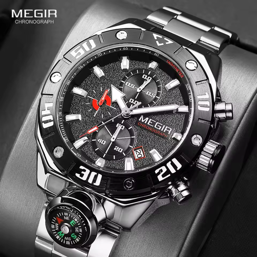 MEGIR Quartz Watch For Men Stainless Steel Watches Mens Chronograph Watch - 第 1/7 張圖片