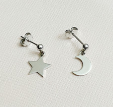 S925 Sterling Silver High Polished Star Moon Asymmetric Drop Earrings