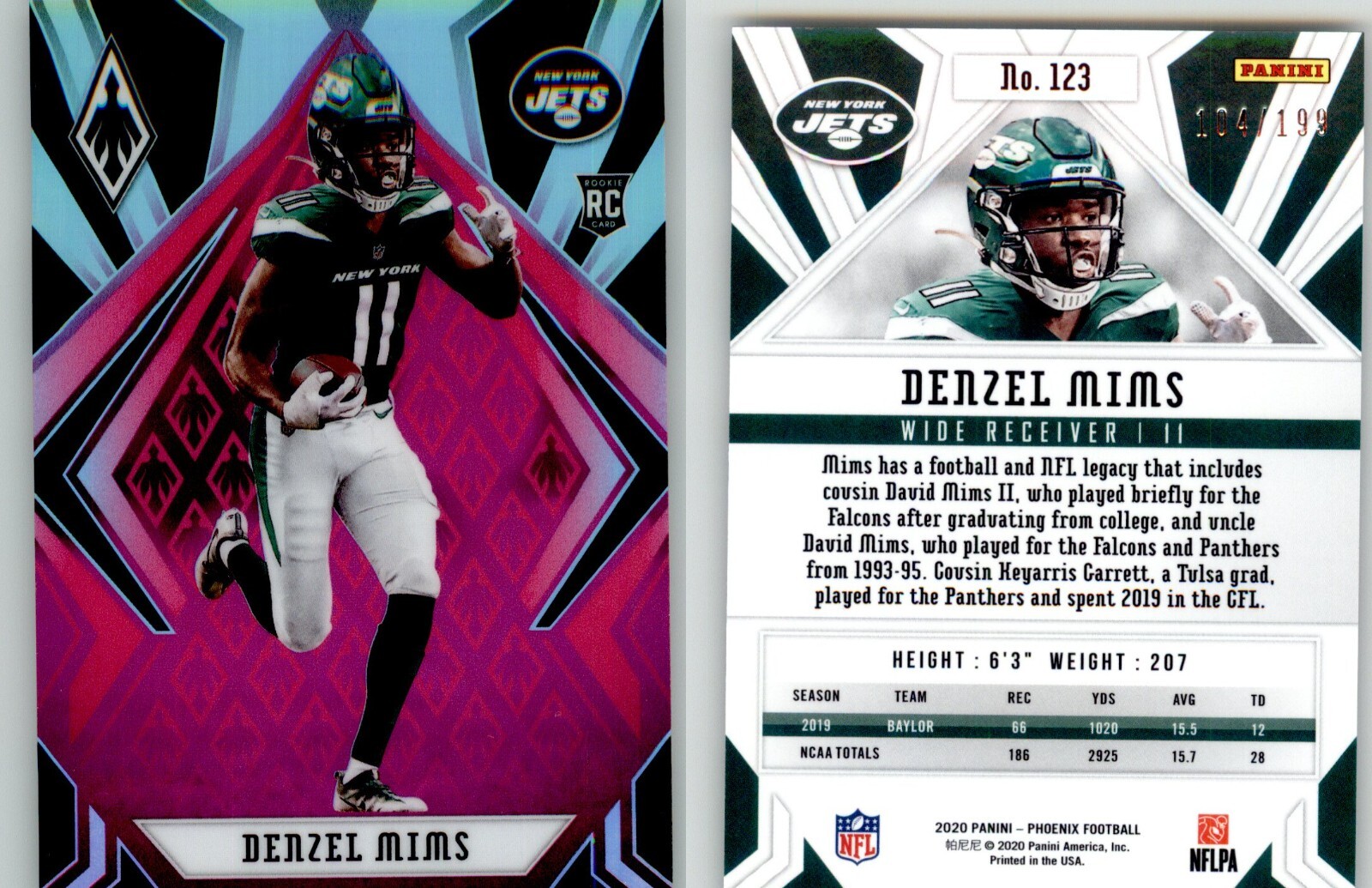 Denzel Mims 2020 Panini Phoenix Rookies Pink /199 #123 Rookie RC New York Jets