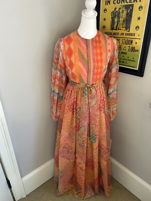 Vtg 60s CALIFORNIA CALLIOPE Maxi Dress Cottage Core Boho Colorful Floral S