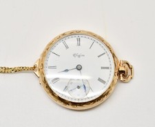 1897 Elgin 7 Jewel Open Face Gold Filled Pocket Watch Chain Necklace WATCH184