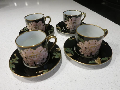 FITZ AND FLOYD CLOISONNE PEONY BLACK LOT OF 4 DEMITASSE CUPS AND SAUCERS
