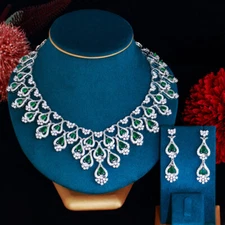 Silver Plated CZ Green Drop Necklace Earrings Bridal Engagement Jewelry Set 