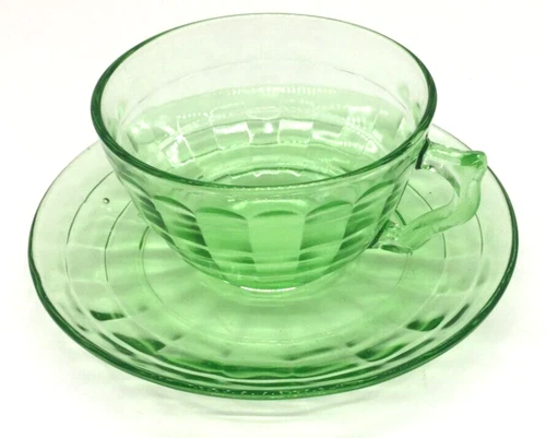 Vtg Green Glass Depression Block Coffee Cup Saucer Block Uranium Vaseline