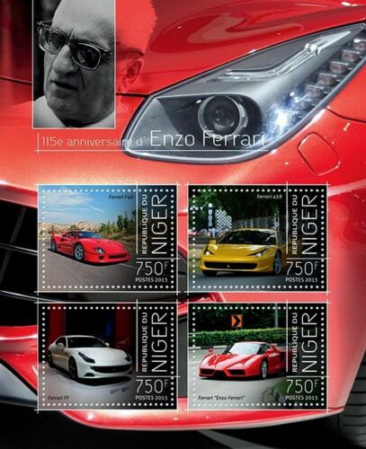 ENZO FERRARI F40 / 458 / FF Sports Car Stamp Sheet (2013 Niger) - Afbeelding 1 van 1