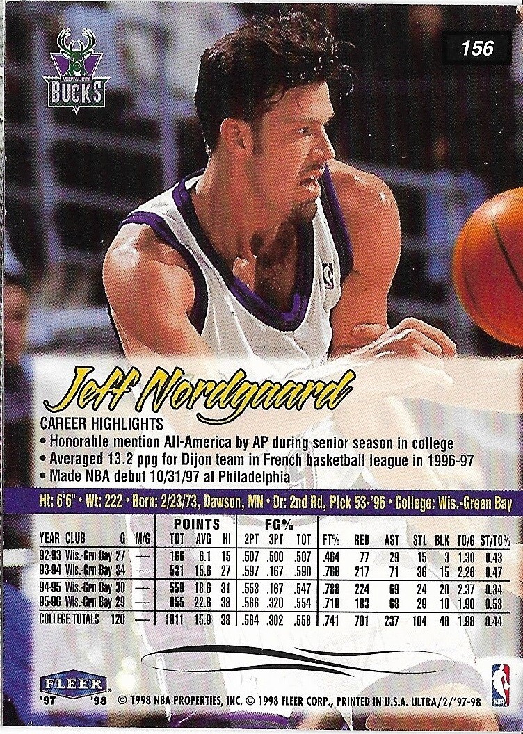1996 1997 Fleer Ultra Jeff Nordgaard 156 Rookie Milwaukee Bucks